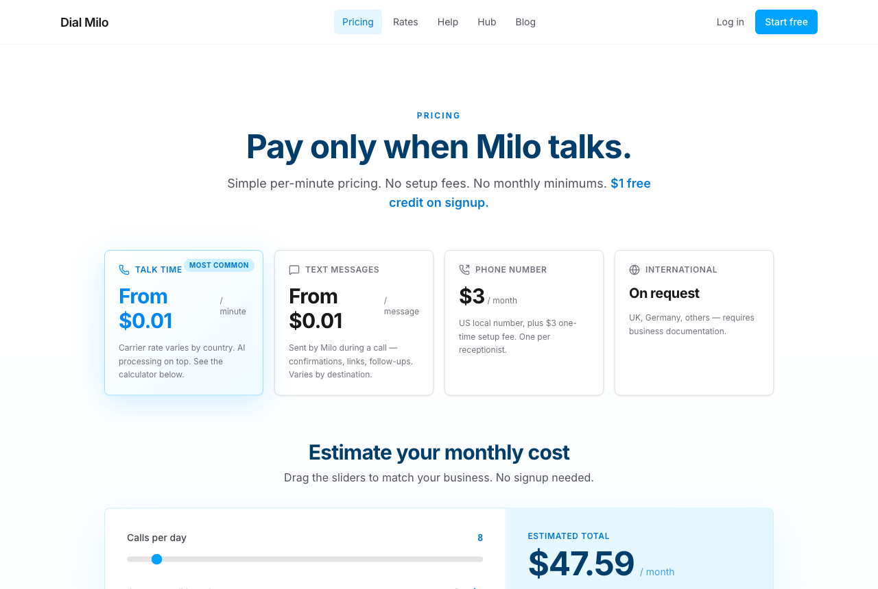 Dial Milo's published per-minute pricing, August 2026