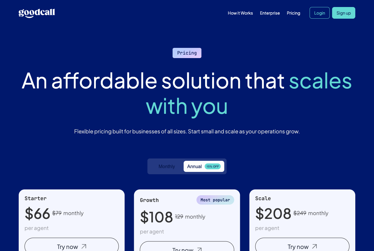 Goodcall's per-agent pricing with the annual discount applied, August 2026