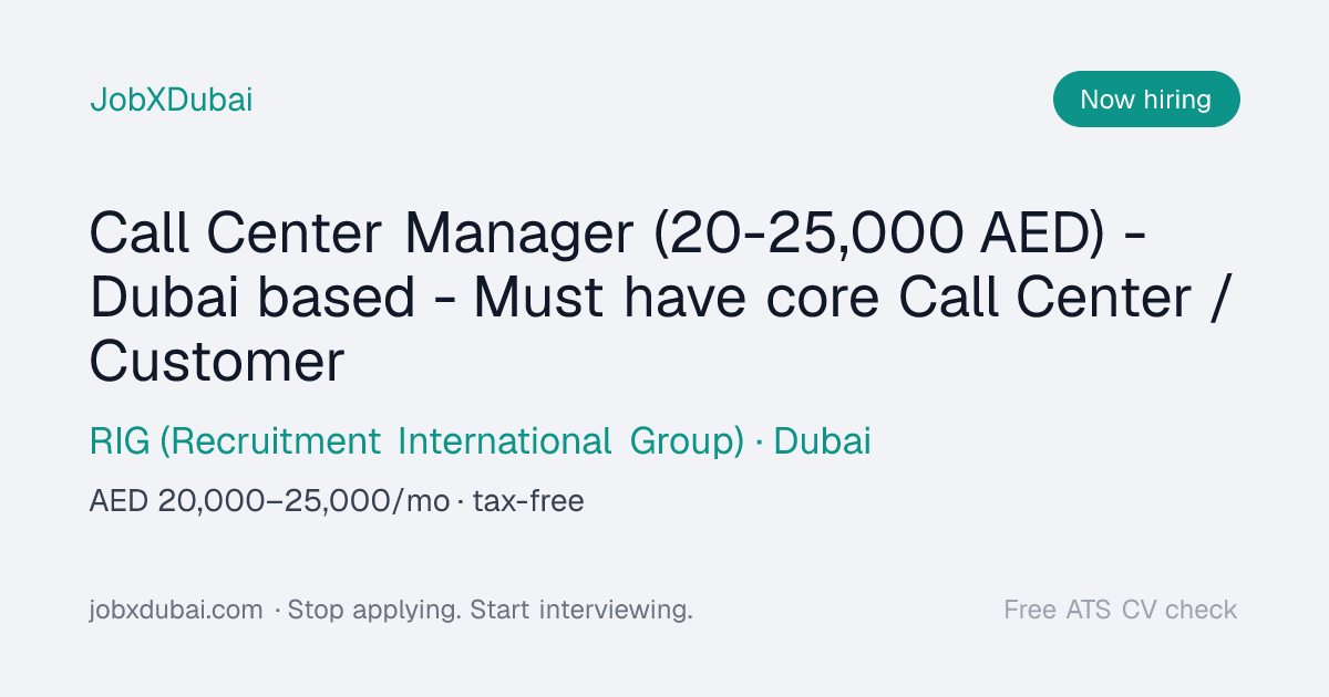 Call Center Manager (20-25,000 AED) - Dubai based at RIG